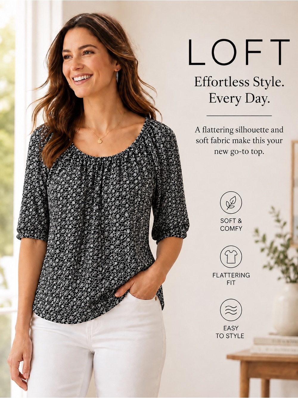 LOFT Black and White Patterned Short Sleeve Blouse size medium